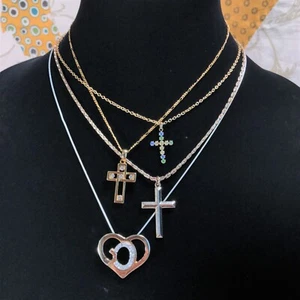 4 Pc Necklace Set Christian Cross God Jesus Church Silver & Gold Tone Rhinestone - Picture 1 of 12