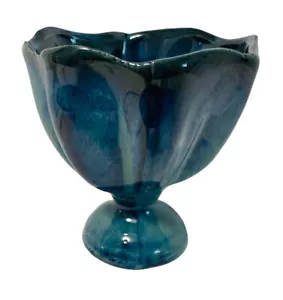 Handgefertigte Keramik tulpenförmige Vase 5 "hoch x 5" breit blau Tropfglasur Sockel - Bild 1 von 6
