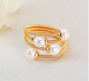 Natural Fresh Water Pearl Ring Gold Plated Triple Coil 4 White Pearls Girl Women - Picture 1 of 8