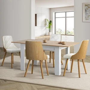 Oikiture 160cm Extendable Dining Table with 4PCS Dining Chairs PU Leather White - Picture 1 of 7