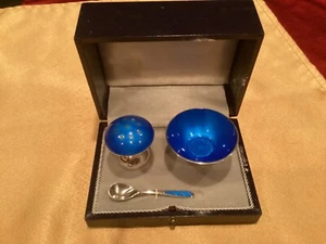 3-piece Danish Sterling Silver Blue Enamel Salt Cellar, Spoon & Pepper Shaker - Picture 1 of 17