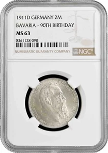 Bavaria 2 mark 1911 D, NGC MS63, "90th Anniv. - Birth of Prince Regent Luitpold" - Picture 1 of 2