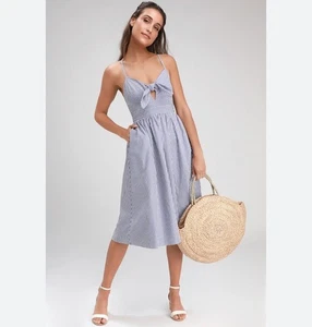Lulus Joyful Days Dress Size S Blue Striped Tie Front Retro Nautical Euro Summer - Picture 1 of 9