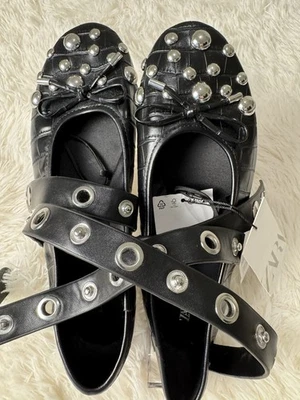 ZARA STUDDED DOUBLE STRAPS BALLET FLATS Black  SIZE 38/7.5 NWT - Image 1 of 4