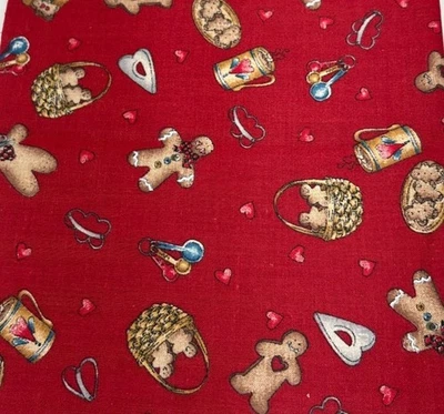 Gingerbread-Themed Cotton Fabric 14x30" Festive Design Baking Hearts Sweet Fun - Image 1 of 4