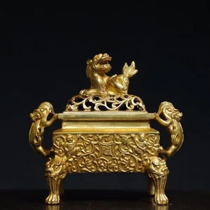6" Old ming dynasty Bronze gilt xuande mark lion beast double ear Incense Burner - Picture 1 of 9