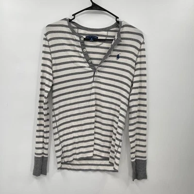 Camisa Ralph Lauren Mujer Rayas Henley Manga Larga Gris Blanco Talla Mediana Foto 1 de 4