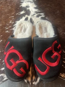 UGG Scuff Logo Suede Fur Lined Slippers Black/Red 110134 Mens Size 11 - Picture 1 of 9
