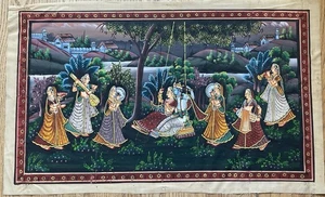 Vtg PICHWAI of Krishna and Radha On A Garden Swing Gopis / Musicians 31x18” - Picture 1 of 12