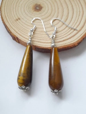 Tigers Eye Teardrop Beads Earrings in 925 Sterling Silver Hooks  - Image 1 of 4