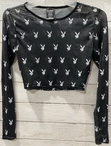 Play Boy Women Crop Top Size S/M Black Sheer Long-Sleeve Scoop-Neck Blouse Bunny - Picture 1 of 21