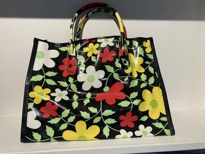 VTG MOD-GROOVY 60-70s-FLORALS PVC Vinyl Tote Black Red Yellow White 10"X13"X4" - Image 1 of 4