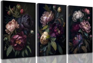 Arte de pared en lienzo floral Moody de colección flores de peonía oscura botánico todavía li 3 piezas - Imagen 1 de 6