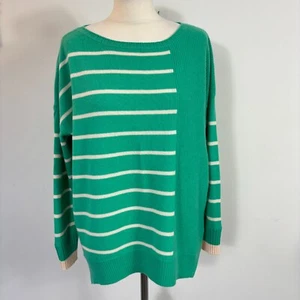 Duffy Green White Striped 100% Pure Cashmere Jumper Sweater Top Size L VGC - Picture 1 of 9