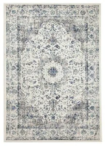 FLOOR RUG IVORY BLUE GREY TRADITIONAL MEDALLION VINTAGE SHABBY CHIC CARPET - Picture 1 of 8