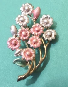 Vintage Brosche rosa farbig emailliert BLUMEN in goldfarben - Bild 1 von 6