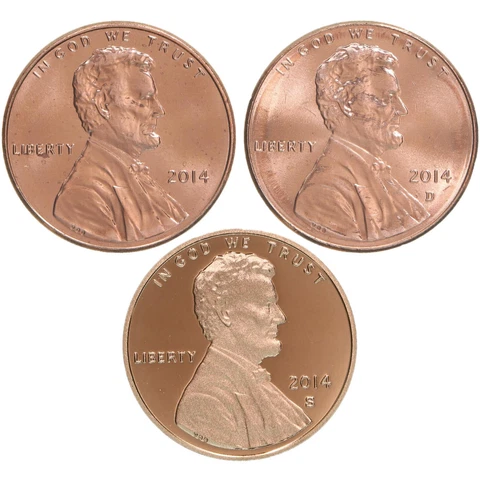 2014 P D S Lincoln Shield Cent Year Set Proof & BU US 3 Coin Lot Cover