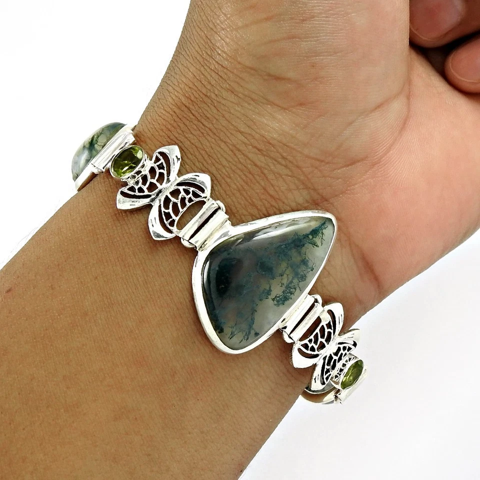 925 Solid Silver Cabochon Peridot Gemstone Engagement Chain Halloween Bracelet - Image 1 of 4