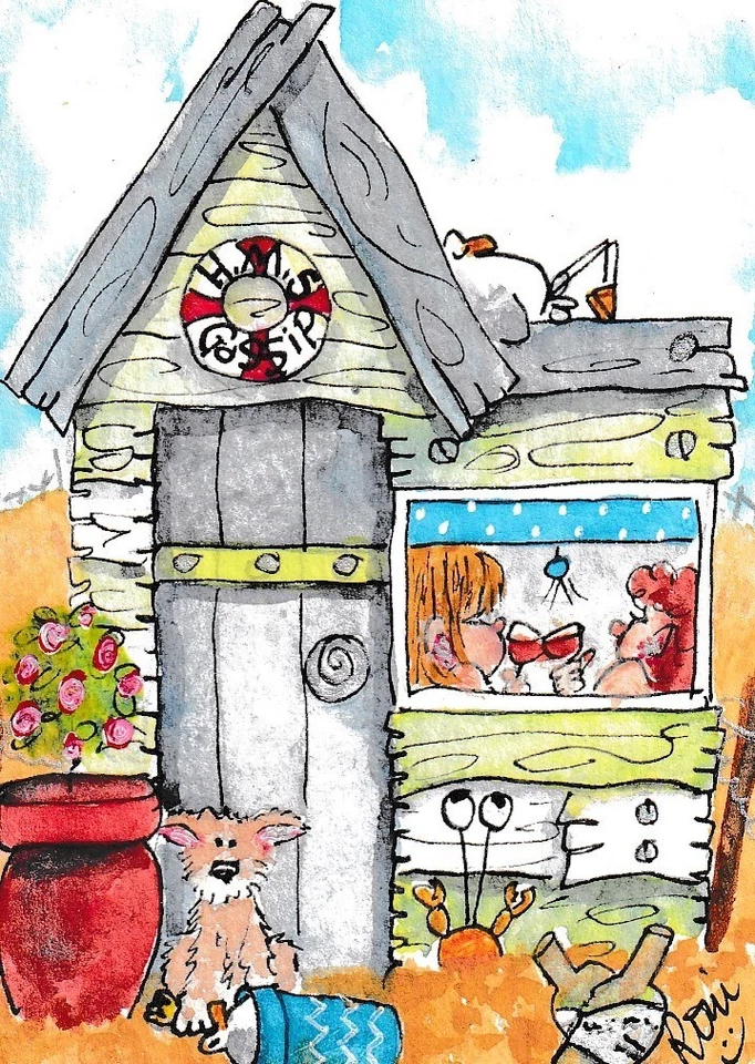 ACEO CARD Original Painting flowerpot beach hut seagull HMS GoSSiP - Image 1 of 1