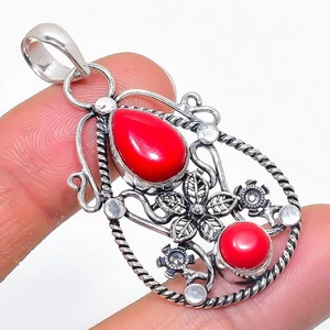 Red Coral Gemstone Handmade 925 Sterling Silver Jewelry Pendant Size 2" - Picture 1 of 1