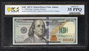 FR. 2189-F 2017-A $100 FRN “NEAR SOLID S/N PF55555522C” PCGS BANKNOTE VF-35PPQ - Picture 1 of 2