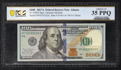 FR. 2189-F 2017-A $100 FRN “NEAR SOLID S/N PF55555522C” PCGS BANKNOTE VF-35PPQ - Image 1 of 2