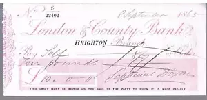 CHEQUE LONDON & COUNTY BANK BRIGHTON 1865 SEPTIMUS NIXON - Imagen 1 de 2