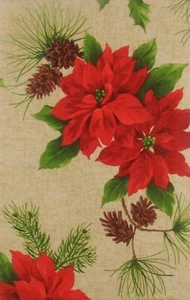 Poinsettias and Pine Cones Vinyl Flannel Back Tablecloth Various Sizes - Picture 1 of 4