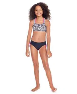 GLITTER BEACH Big Girls Bikini Top Black & White w/ Animal Print Size 10 - Picture 1 of 2