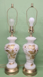 Pair Vintage Hollywood Regency Hand Painted Gold Gilt Floral Table Lamps - Picture 1 of 6