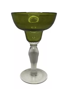 Mexican Margarita Glass Hand Blown Green Clear Stem 8” Tall Bubbled Glass - Picture 1 of 10