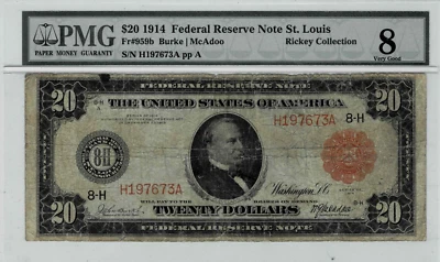 1914 $20 Federal Reserve'Red Seal'note-fr.959b (St.Louis) PMG VG 8--Very Scarce - Image 1 of 4