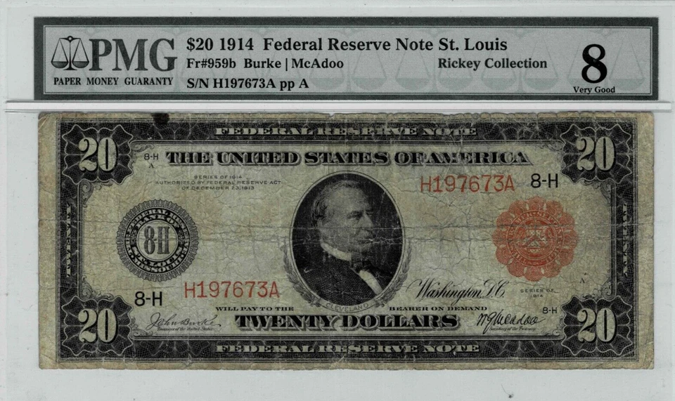 1914 $20 Federal Reserve'Red Seal'note-fr.959b (St.Louis) PMG VG 8--Very Scarce - Image 1 of 4