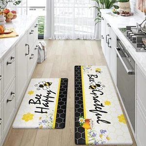 ASPMIZ Yellow Bee Kitchen Mat Anti Fatigue, Bee Happy Kitchen Rugs Sets of 2,... - Picture 1 of 1