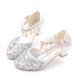 Girls Kids Rhinestone Low Heel Party Wedding Mary Jane Sparkly Sandals Shoes - Picture 1 of 18
