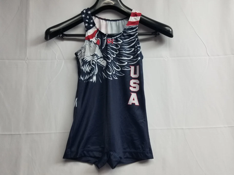 GK ELITE Gymnastics Leotard SINGLET Olympic USA Boys EAGLE Flag CLX - Image 1 of 4