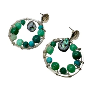 NWT STERLING SILVER HOOP EARRINGS WITH GEMSTONES PIERCED EARS - DROP 4cm x 3cm - Picture 1 of 11