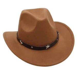 Light Brown Western Cowboy Cowgirl Hat Felt Wide Brim Star Band Unisex Rodeo - Picture 1 of 3