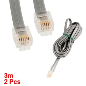 2 Pcs Gray Plastic Noodles 6P6C RJ11 M/M Flat Telephone Cable Cord 3Meter 10ft - Picture 1 of 2