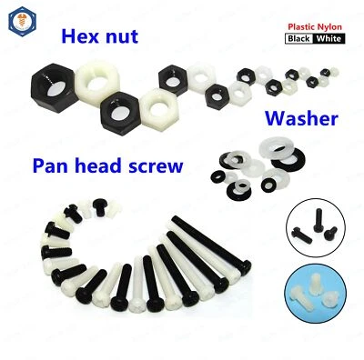 Black / White Plastic Nylon Screws /Nuts / Washer M2 M2.5 M3 M4 M5 M6 M8 M10 M12