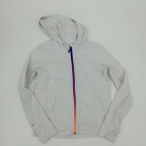 Athleta Girl White Hooded Sweatshirt Size L 12 Hoodie Pocket Stretch Rainbow - Picture 1 of 12