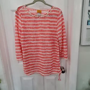 Ruby Rd. Womens Size Large, Coral White Sheer Striped Blouse With Beaded... - Picture 1 of 6