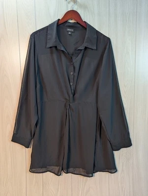 Torrid Sz 1 1X Black Babydoll Sheer Blouse Collar Romantic Button Long Sleeve - Image 1 of 4