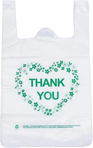 50er Pack weiße Danke T-Shirt Taschen - Lebensmittel & Einkaufstaschen mit Griffen. - Bild 1 von 5