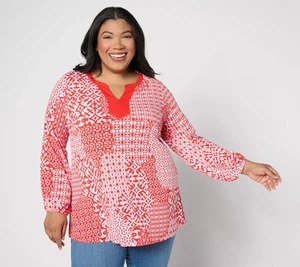 Susan Graver Petite Printed Liquid Knit Split-Neck Shirt Fiery Red 3X New - Picture 1 of 1