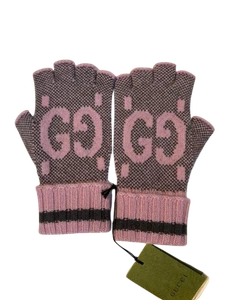 GUCCI Damen Strick Fingerlose Handschuhe GG Logo Muster Kaschmir Graphit Rosa Gr. M - Bild 1 von 4