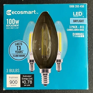 3pk EcoSmart 100W LED Light Bulb B13 Dimmable Blunt Tip Vintage 5000K Daylight - Picture 1 of 8