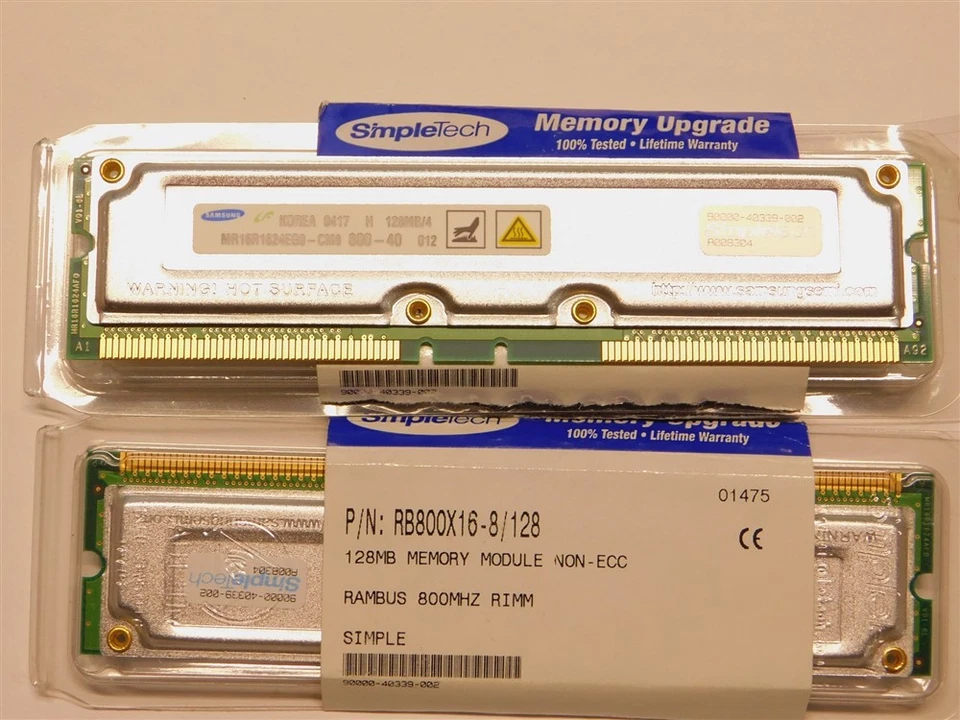 2 Simpletech Samsung RB800X16-8/128 128MB Memory Modules Non-ECC RAMBUS 800MHZ - Image 1 of 2