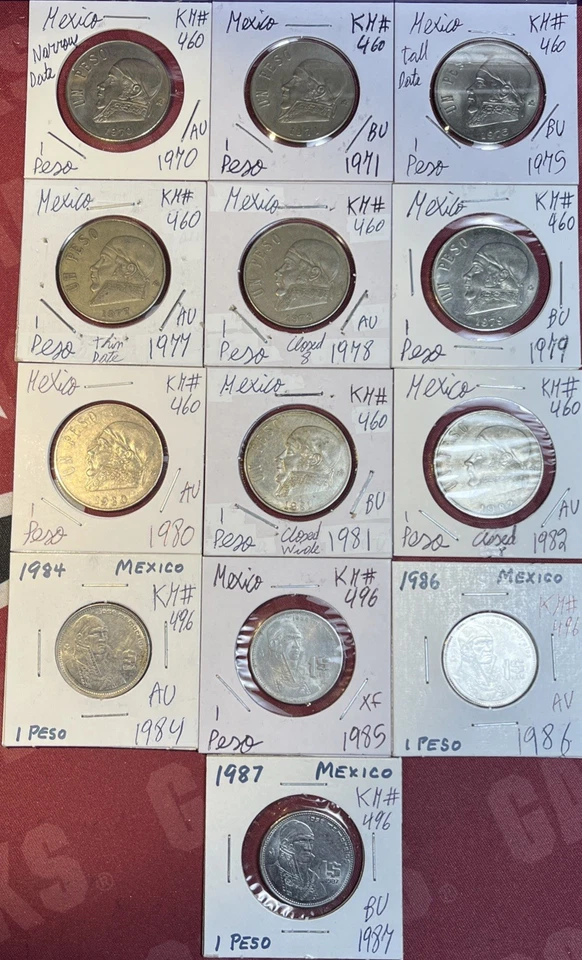 Lote de 13 moedas México 1970 - 1987 um peso alto grau XF - BU estado - Imagem 1 de 4