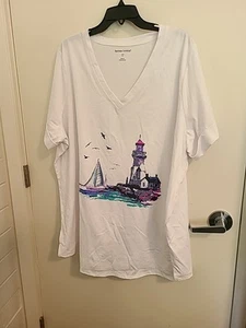 Woman Within White V-Neck T-Shirt with Sailboat NEW without tags Ladies Outdoors - Picture 1 of 8